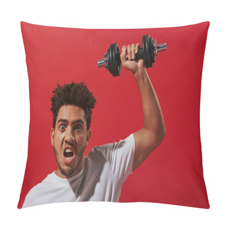 Personality  Motivated African American Man In Sportswear Working Out With Heavy Dumbbell On Red Background Pillow Covers