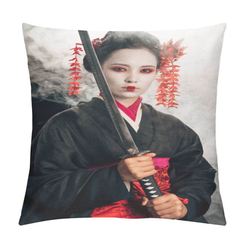 Personality  confident beautiful geisha in black kimono holding katana in smoke pillow covers