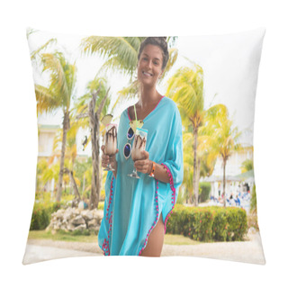 Personality  Happy Woman With Two Pina Colada Cocktails In Her Hands Pillow Covers