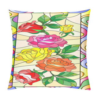 Personality  Illustration In Stained Glass Style With Flowers  And Leaves Of  Rose In A Bright Frame,vertical Orientation Pillow Covers