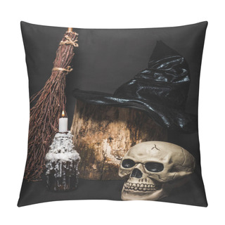 Personality  Broom Near Skull And Wooden Stump With Witch Hat On Black  Pillow Covers