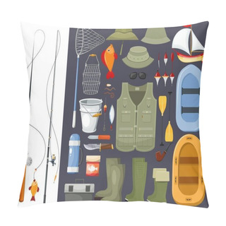 Personality  Large Set Of Fisherman Fishing Gear Items With A Fishing Rod And Spinning, Boats, Boots, Net And Bait. Vector Illustration Pillow Covers