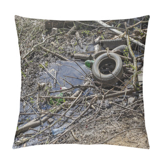 Personality  The Old Wheel From The Car Is Thrown On The Garbage Near The Creek Pillow Covers