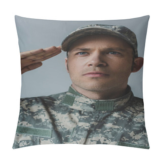 Personality  Sad Soldier In Military Uniform Crying And Saluting During Memorial Day Isolated On Grey  Pillow Covers