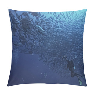 Personality  Scuba Diver And School Of Fish, Fish Tornado, Underwater View Ecosystem Man Under Water Pillow Covers