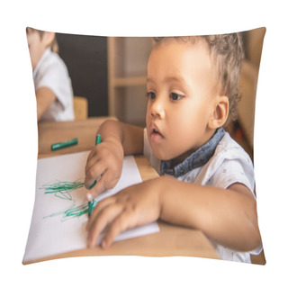 Personality  Adorable African American Boy Drawing With Green Felt Tip Pen In Kindergarten Pillow Covers