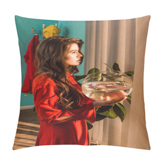 Personality  Side View Of Stylish Woman In Red Dress Holding Aquarium With Gold Fish And Looking Away At Home Pillow Covers