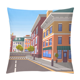 Personality  Town With Buildings And Empty Street, 3d Look Of City Road And Houses. Bushes And Trees, Greenery Cityscape. Skyline, Crossroad With Zebra. Cityscape With Houses Facades. Ubran Landscape. Flat Cartoon Pillow Covers