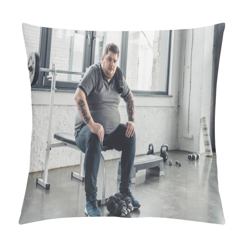 Personality  Tired Obese Man Sitting On Bench And Looking At Camera After Exercising With Dumbbells At Gym Pillow Covers