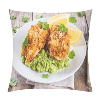 Personality  Baked Cod Fish In Breadcrumbs With Mashed Green Peas And Broccoli Pillow Covers