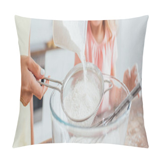Personality  Partial View Of Woman Sieving Flour Into Glass Bowl Near Daughter, Horizontal Image   Pillow Covers