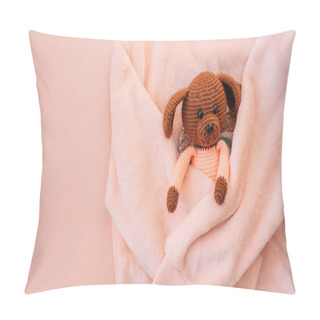 Personality  Soft Pink Sweater Hugs A Knitted Toy On A Pink Background. Pillow Covers