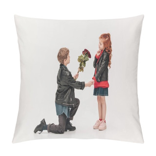 Personality  Boy Presenting Roses Bouquet To His Little Girlfriend While Standing On Knee Isolated On Grey Pillow Covers