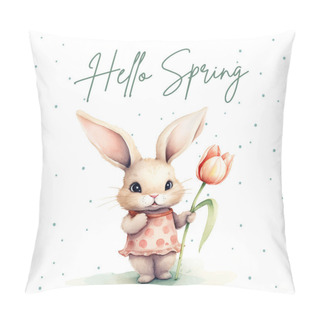 Personality  Springtime Poster With Bunny And Tulip. Cute Watercolor Rabbit, Greeting Card, Banner.  Pillow Covers
