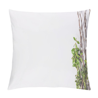 Personality  Branches With Buds And Green Leaves. Concept Of Early Spring, March, Nature Awakening Or Anticipation Of Warm Season Pillow Covers