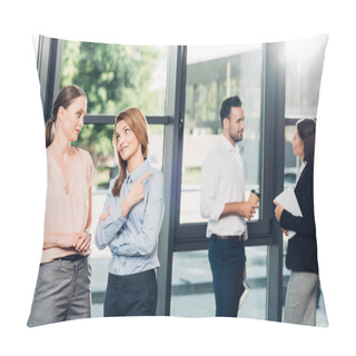 Personality  Businesswomen Gossiping While Collegaues Having Conversation Behind In Office Pillow Covers