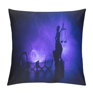 Personality  Legal Law Concept. Silhouette Of Handcuffs With The Statue Of Justice On Backside With The Flashing Red And Blue Police Lights At Foggy Background. Selective Focus Pillow Covers