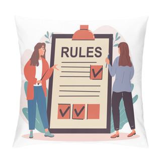 Personality  Two Female Characters Are Making A List Of Rules On Clipboard Pillow Covers