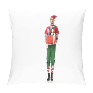 Personality  Man In Christmas Elf Costume Looking At Camera And Carrying Pile Of Presents Isolated On White Pillow Covers