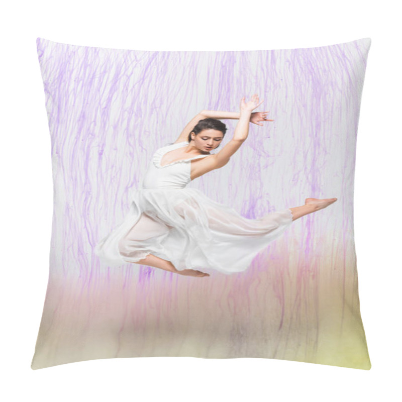 Personality  attractive ballerina in white dress dressing on grey background with colorful spills  pillow covers