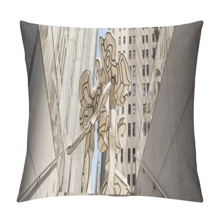 Personality  Low Angle View Of Stairs And Art Installation Against Modern Buildings In New York City, Banner Pillow Covers