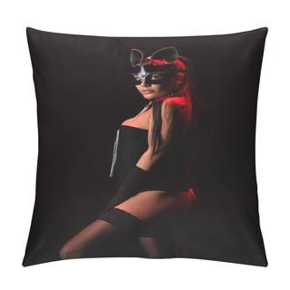 Personality  Sexy Bdsm Girl In Corset And Mask Looking At Camera Isolated On Black Pillow Covers