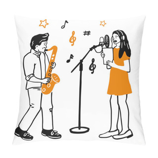 Personality  Musical Group Doodle Style Vector Illustration Isolated On White Background. Jazz, Singer. Isolated Vector Musicians. The Saxophone. Hand Drawing Pillow Covers