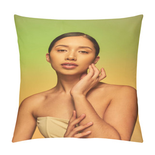 Personality  Beauty Photography, Pretty Asian Woman With Brunette Hair And Bare Shoulders Posing On Gradient Background, Green And Orange, Skin Care, Glowing Skin, Natural Beauty, Young Model  Pillow Covers