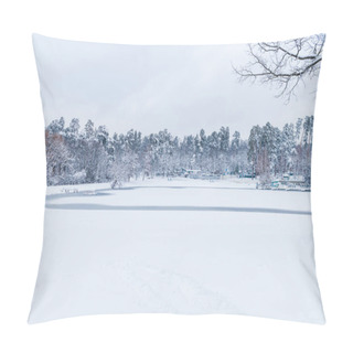 Personality  Beautiful Landscape With Frozen Lake And Snow Covered Trees In Winter Park Pillow Covers