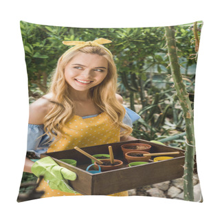 Personality  Beautiful Smiling Woman Holding Box With Flower Pots And Looking Away In Greenhouse Pillow Covers