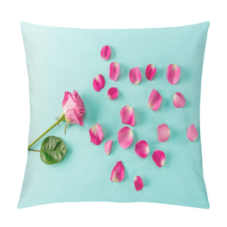 Personality  Top View Of Beautiful Pink Rose Flower With Petals On Blue Pillow Covers