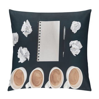 Personality  Top View Of Blank Notepad With Messy Crumpled Papers And Cups Of Coffee In Row Isolated On Black Pillow Covers