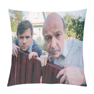 Personality  Two Caucasian Men Carefully Watching Over The Fence. Pillow Covers