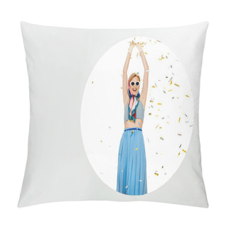 Personality  Positive Girl In Sunglasses Standing Near Circle Under Falling Confetti On White Background Pillow Covers