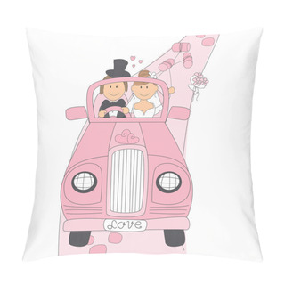 Personality  Wedding Couple On Car Driving To Their Honeymoon. Pillow Covers