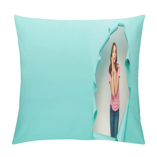 Personality  Shocked Preteen Girl In Casual Clothes Looking At Camera During Child Protection Day Celebration Behind Hole In Blue Paper Background, Banner  Pillow Covers
