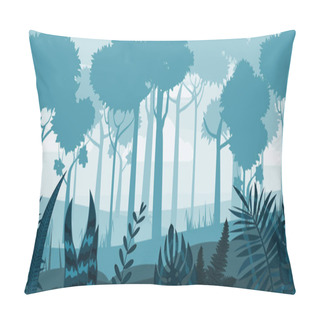 Personality  Forest Silhouette Wood Trees, Flora Bushes And Thickets Panorama Background. Nature And Environment Conservation Concept Flat Design.Vector Illustration. Pillow Covers