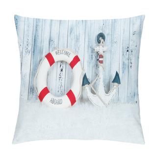 Personality  Decorative Lifebuoy, Anchor And Starfish Sea Shells Over Wooden Blue Background Pillow Covers