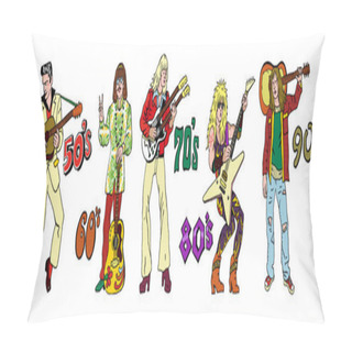 Personality  Popular 20th Century Rock Music Styles : 50s Rocknroll, 60s Hippie, 70s Progressive Rock, 80s Glam Metal, 90s Grunge. Hand Drawn Sketchy Illustration. Rock Stars, Guitarists. Pillow Covers