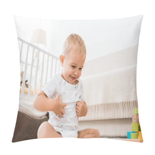 Personality Adorable Toddler Smiling And Sitting On Floor With Colorful Cubes In Nursery Room Pillow Covers