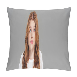 Personality  Panoramic Shot Of Beautiful Confused Redhead Girl Biting Lip And Looking Up Isolated On Grey  Pillow Covers