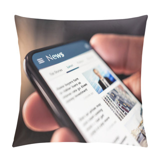 Personality  News Online In Phone. Reading Newspaper From Website. Digital Publication And Magazine Mockup. Press Feed With Latest Headlines In Digital Web Portal. Reader Watching Media Website In Smartphone. Pillow Covers