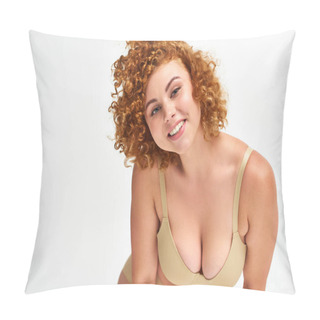 Personality  Smiley Redhead Woman With Curvy Body And Breasts Looking At Camera On White, Self-acceptance Pillow Covers