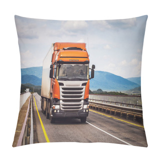 Personality  Orange Truck On A Road Moving By A Bridge Pillow Covers