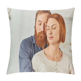 Personality  Married Couple Hugging In Cozy Bedroom, Day Off Without Kids, Redhead Husband And Wife, Enjoying Time Together, Weekends Together, Tattooed, Love And Bonding, Parents Alone At Home Pillow Covers