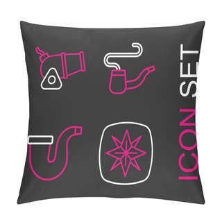 Personality  Set Line Wind Rose, Smoking Pipe,  And Cannon Icon. Vector Pillow Covers