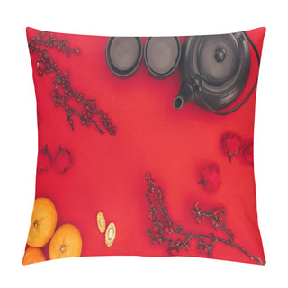 Personality  Top View Of Chinese New Year Composition With Tea And Branches Of Berries On Red Pillow Covers