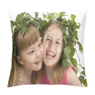 Personality  Two Cheerful Little Girls Of The Friend On A White Background Pillow Covers