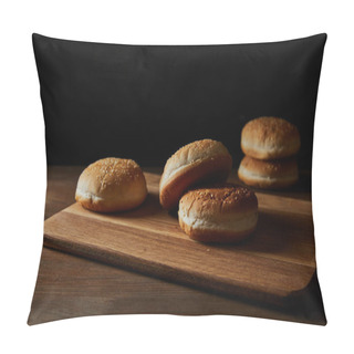 Personality  Delicious Buns With Sesame On Wooden Chopping Board Isolated On Black Pillow Covers