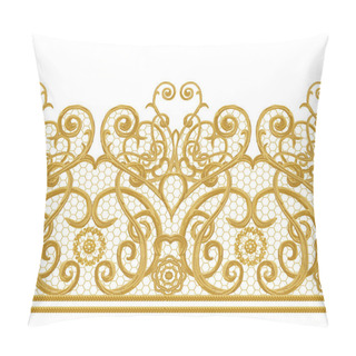 Personality  Seamless Pattern. Golden Textured Curls. Oriental Style Arabesques. Brilliant Lace, Stylized Flowers. Openwork Weaving Delicate, Golden Background. Pillow Covers